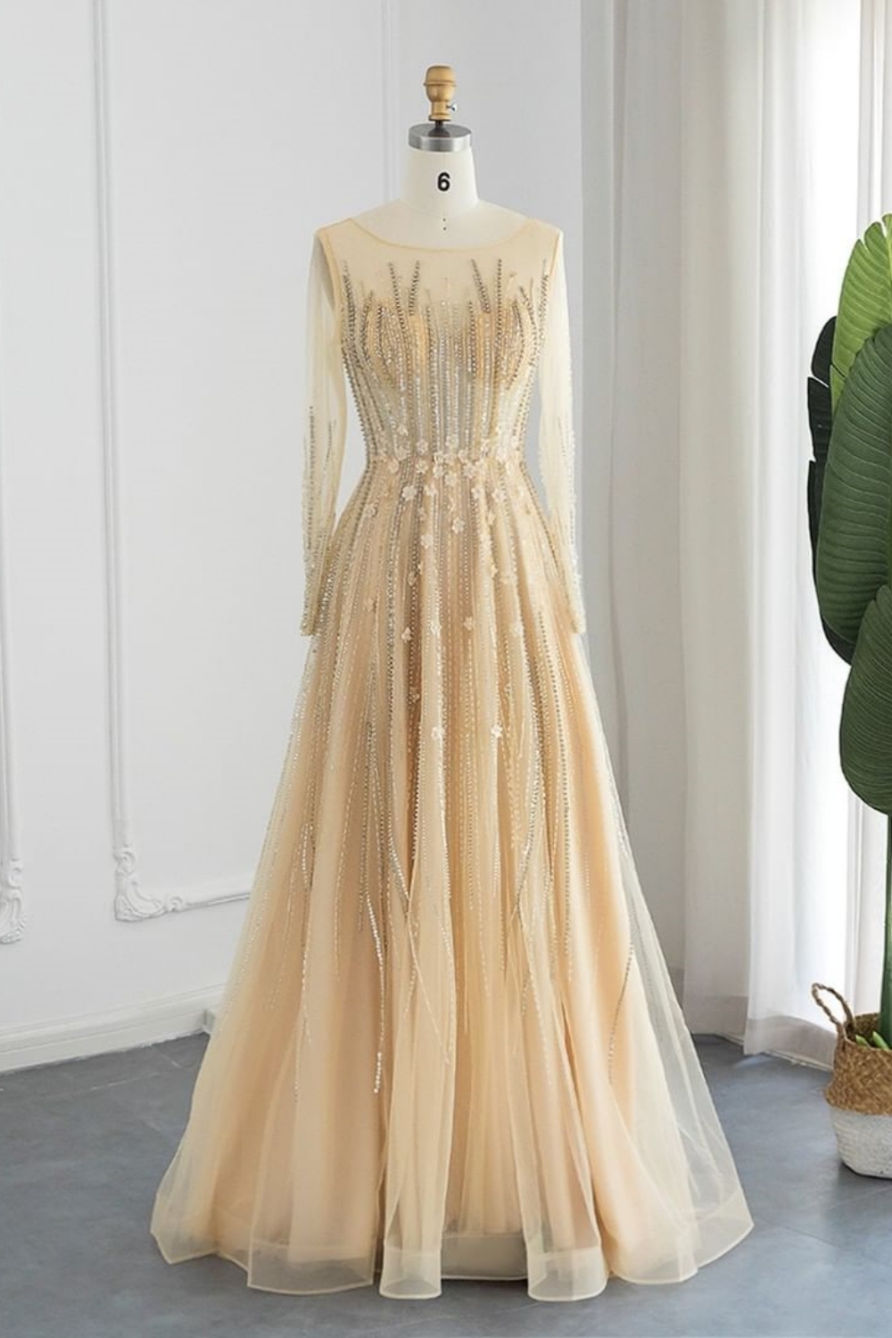 Bmbridal Champagne A-Line Long Sleeves Scoop Prom Dresses with Ruffles