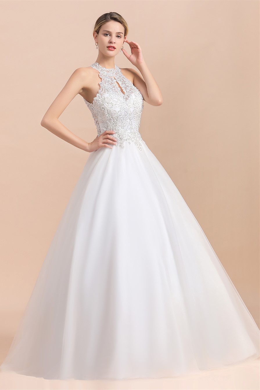 BMbridal Exquisite High-Neck Lace Wedding Dress Appliques Sequins Sleeveless Bridal Gowns On Sale-BMbridal