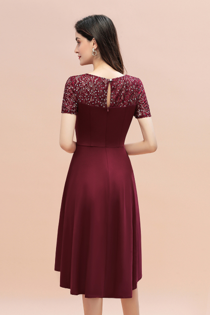 BMbridal Lovely Jewel Satin Sequins Bridesmaid Dress Short Sleeve Burgundy Cocktail Dress