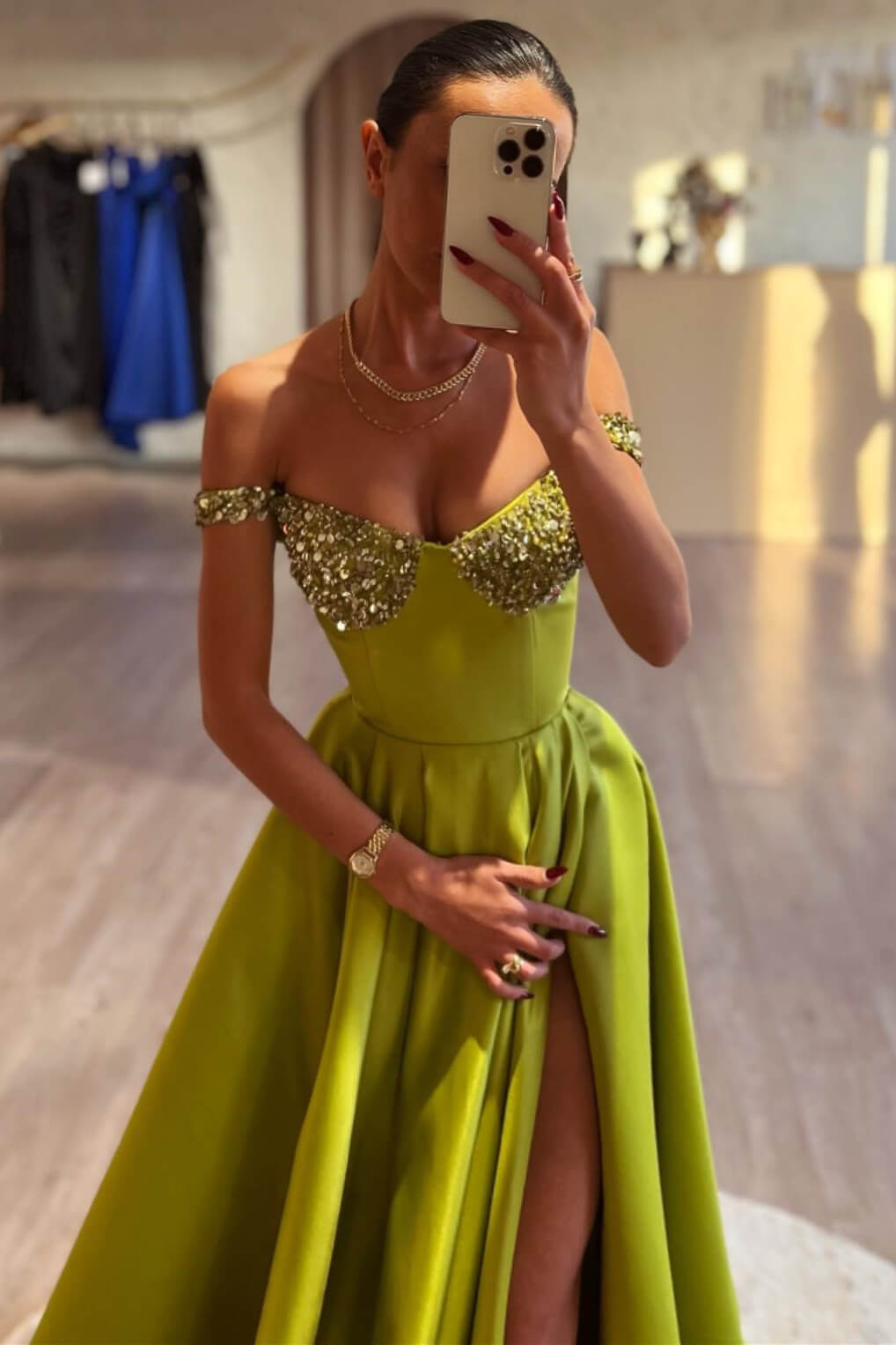 Amazing Green Straps Sleeveless Slit Long A-Line With Beads-BMbridal