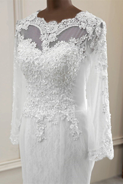 BMbridal Elegant Jewel Long Sleeves White Mermaid Wedding Dresses with Rhinestone Online