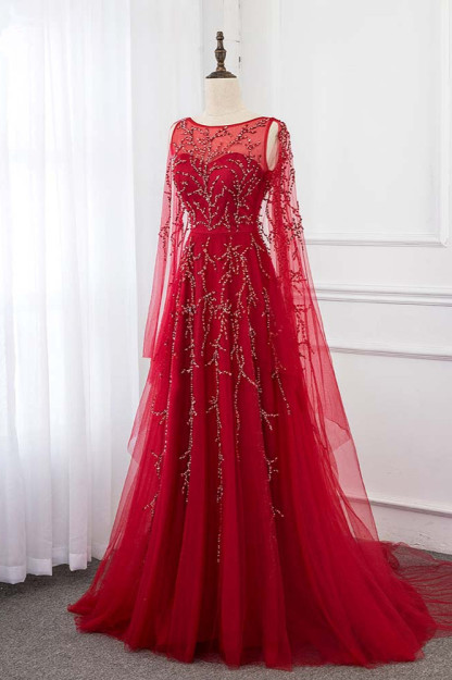 BMbridal Gorgeous Tulle Jewel Ruffle Burgundy Prom Dresses with Beadings Online