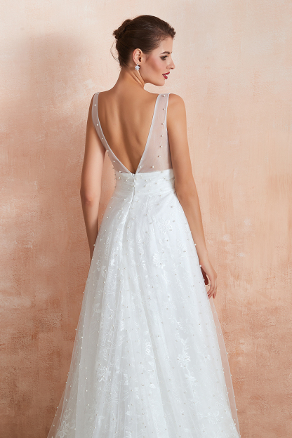 BMbridal Fantastic V-Neck Sleeveless White Appliques Wedding Dress With Pearls