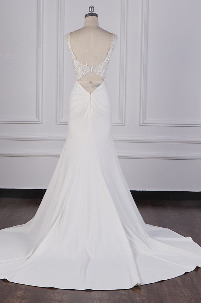 BMbridal Glamorous Mermaid Satin Sleeveless Wedding Dress White Lace Appliques Bridal Gowns with Beadings On sale-BMbridal