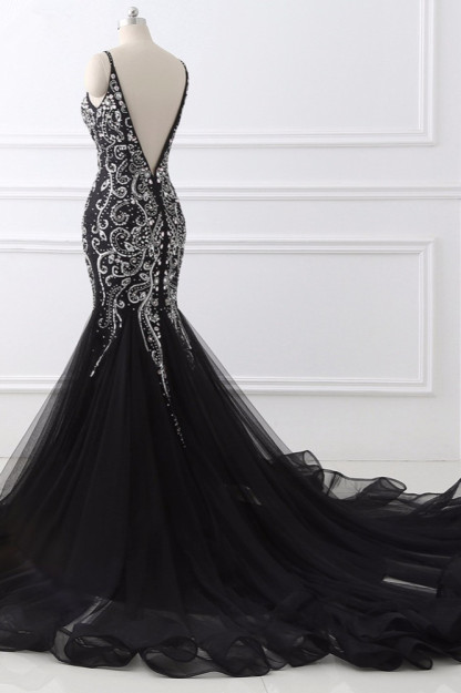 BMbridal Gorgeous Spaghetti Straps Black Mermaid Prom Dresses with Rhinestones Online