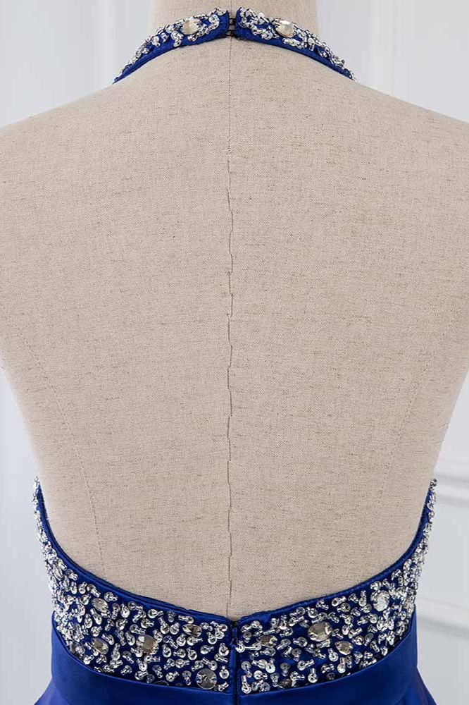 BMbridal Gorgeous Satin Halter Ruffle Backless Prom Dresses with Beadings Top