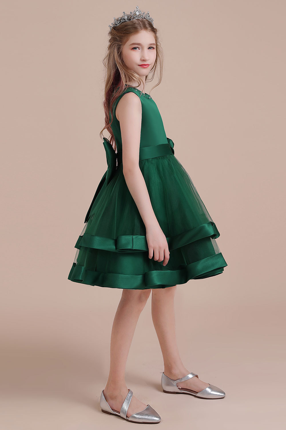 BMbridal A-Line Bow Satin Layered Tulle Flower Girl Dress Online-BMbridal