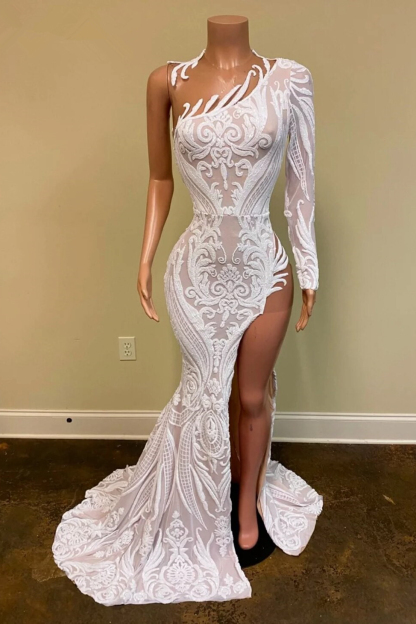 Bmbridal Mermiad One Shoulder Long Sleeves Prom Dress with Lace