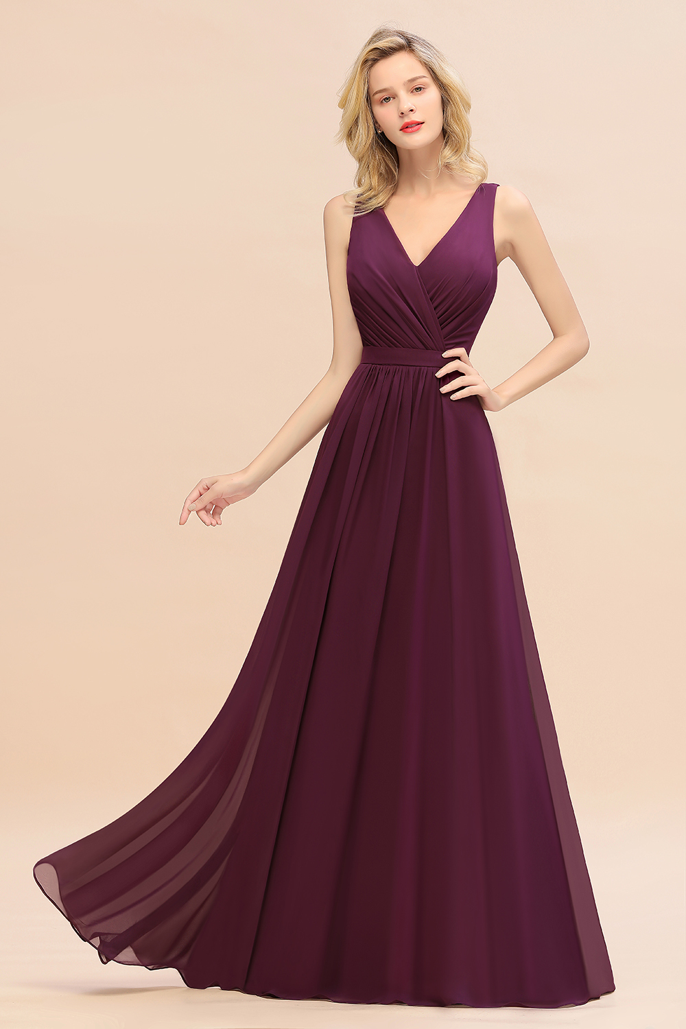 BMbridal Affordable V-Neck Ruffle Long Grape Chiffon Bridesmaid Dress with Bow-BMbridal