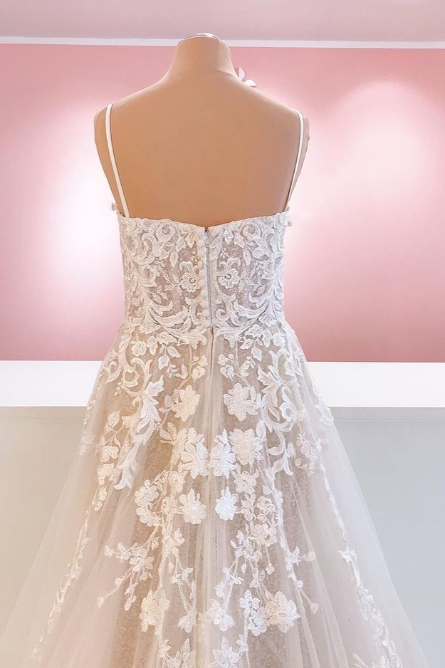 BMbridal Spaghetti-Straps Lace Appliques Wedding Dress Sleeveless-BMbridal