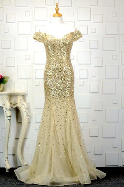 BMbridal Glamorous Off-the-Shoulder Blue Mermaid Prom Dresses with Rhinestones On Sale