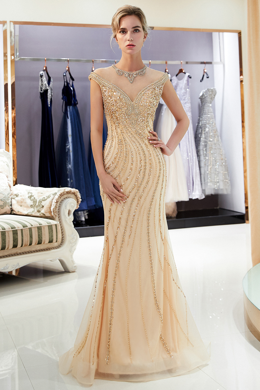 BMbridal Elegant Mermaid Jewel Long Gold Prom Dresses Sleeveless Evening Gowns with Rhinestones