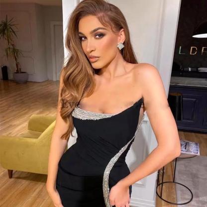 Black Elegant Strapless Sleeveless High Split Sequined Mermaid Evening Dresses-BMbridal.com