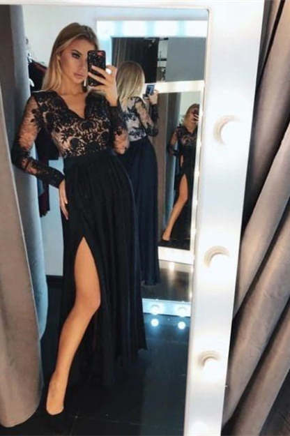 Black Floral Lace Long Sleeves Evening Maxi Dress-BMbridal.com