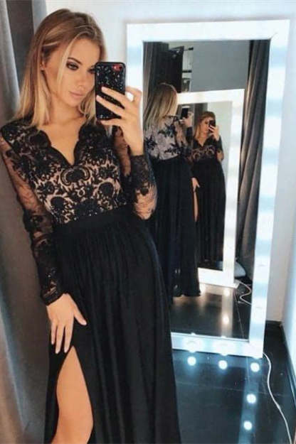 Black Floral Lace Long Sleeves Evening Maxi Dress-BMbridal.com