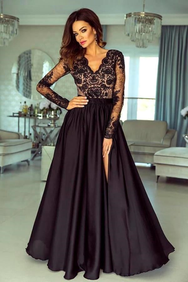 Black Floral Lace Long Sleeves Evening Maxi Dress-BMbridal.com