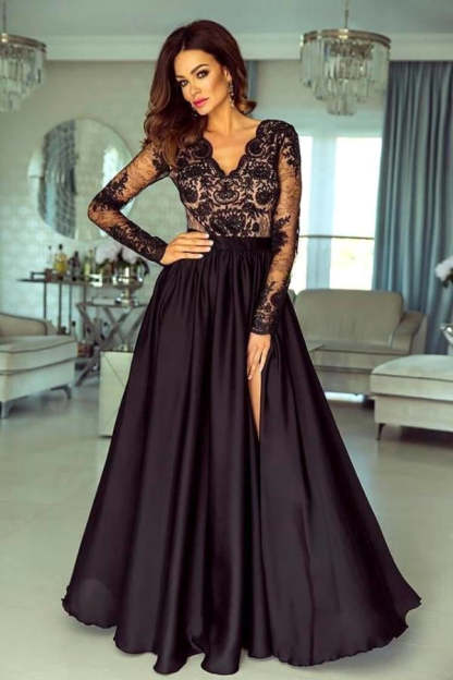 Black Floral Lace Long Sleeves Evening Maxi Dress-BMbridal.com
