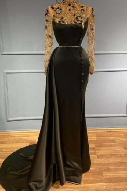 Black long evening dress with sleeves Prom dresses in glitter-BMbridal.com