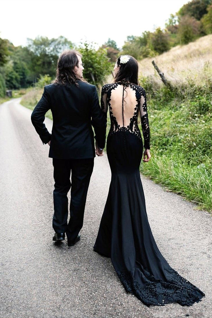 Black Long Sleeves Mermaid Wedding Dress with Sweep Train-BMbridal.com