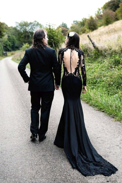 Black Long Sleeves Mermaid Wedding Dress with Sweep Train-BMbridal.com