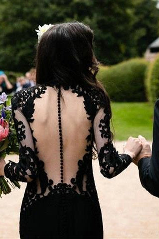 Black Long Sleeves Mermaid Wedding Dress with Sweep Train-BMbridal.com