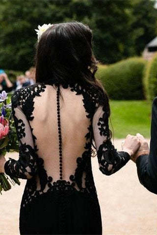 Black Long Sleeves Mermaid Wedding Dress with Sweep Train-BMbridal.com