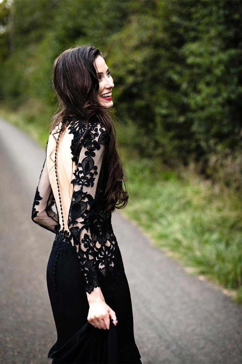 Black Long Sleeves Mermaid Wedding Dress with Sweep Train-BMbridal.com