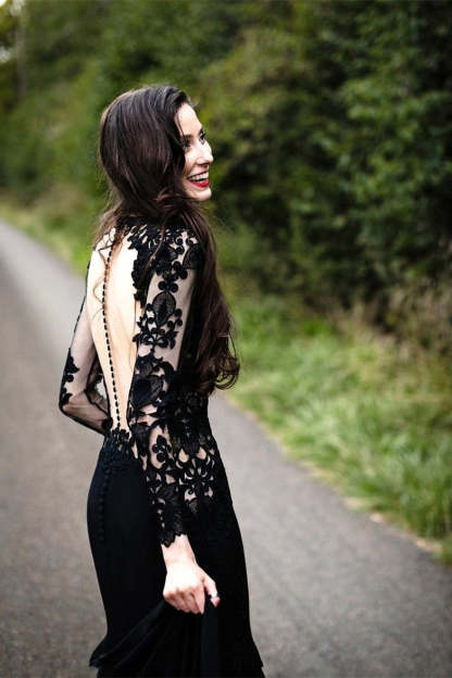 Black Long Sleeves Mermaid Wedding Dress with Sweep Train-BMbridal.com