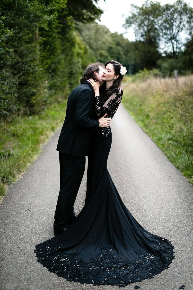 Black Long Sleeves Mermaid Wedding Dress with Sweep Train-BMbridal.com