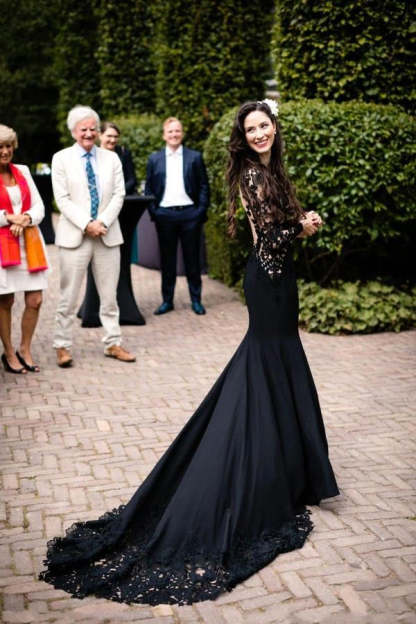 Black Long Sleeves Mermaid Wedding Dress with Sweep Train-BMbridal.com