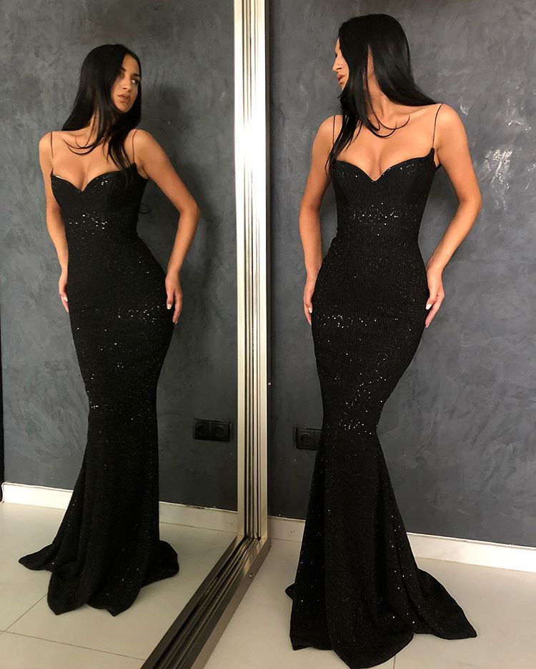 Black Sheath Spaghetti Straps Open Back Sequins Prom Dresses-BMbridal