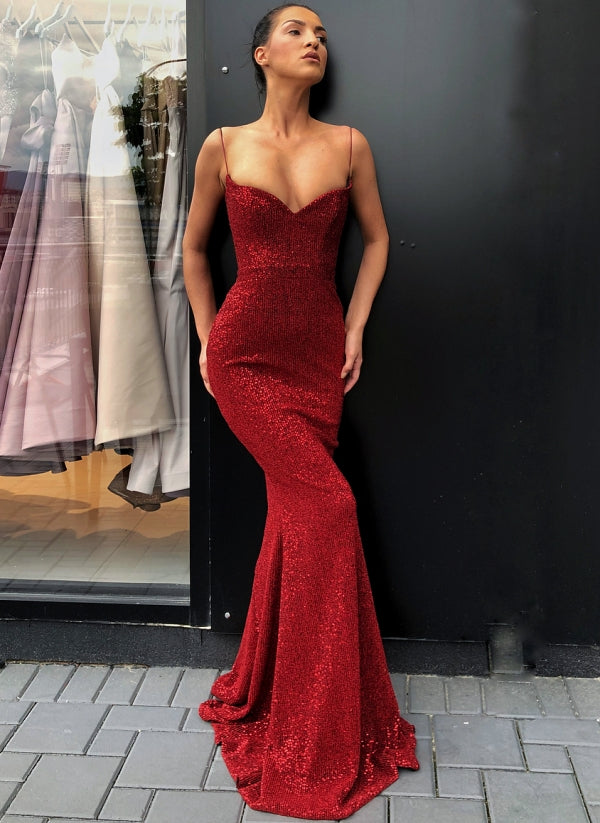 Black Sheath Spaghetti Straps Open Back Sequins Prom Dresses-BMbridal.com