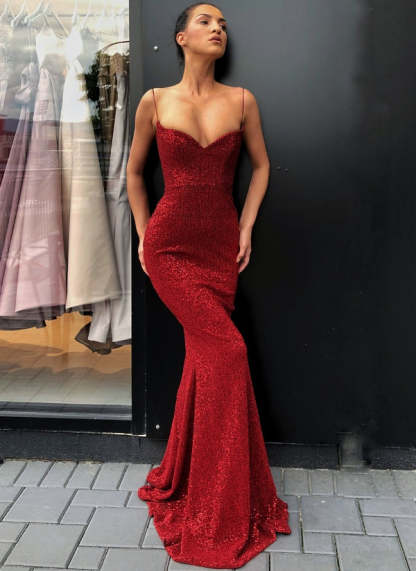 Black Sheath Spaghetti Straps Open Back Sequins Prom Dresses-BMbridal.com
