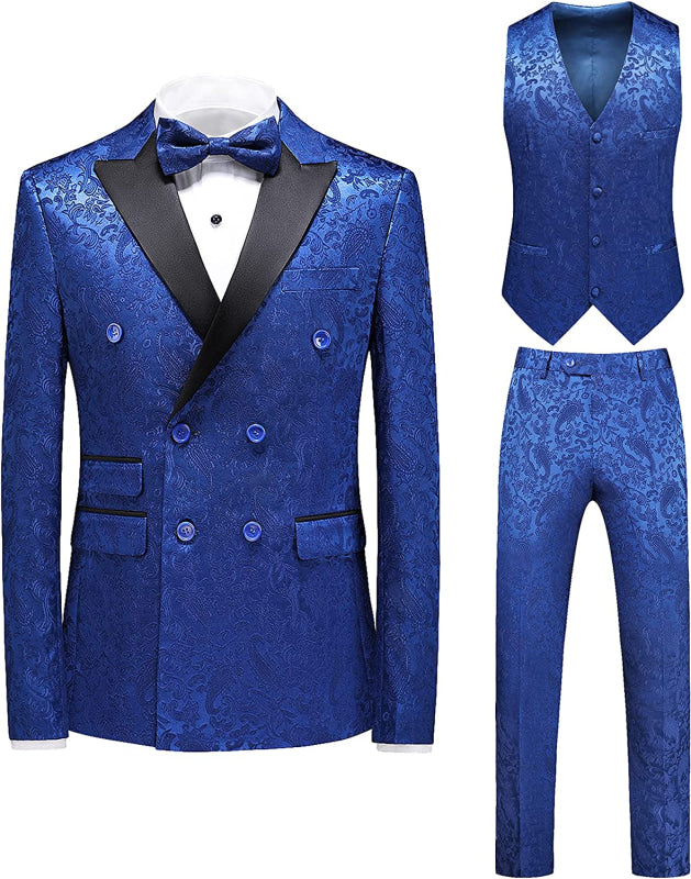Blue Jacquard Double Breasted Three Pieces Prom Suits Wedding Groom Tuxedos-BMbridal
