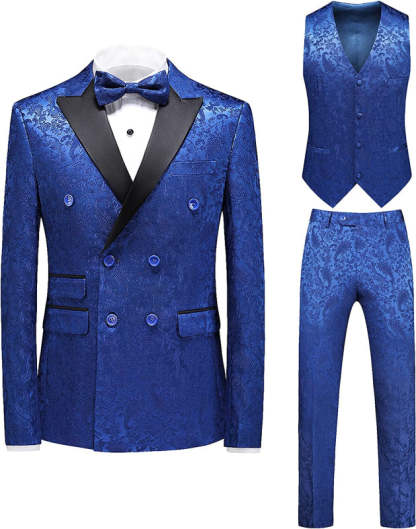 Blue Jacquard Double Breasted Three Pieces Prom Suits Wedding Groom Tuxedos-BMbridal