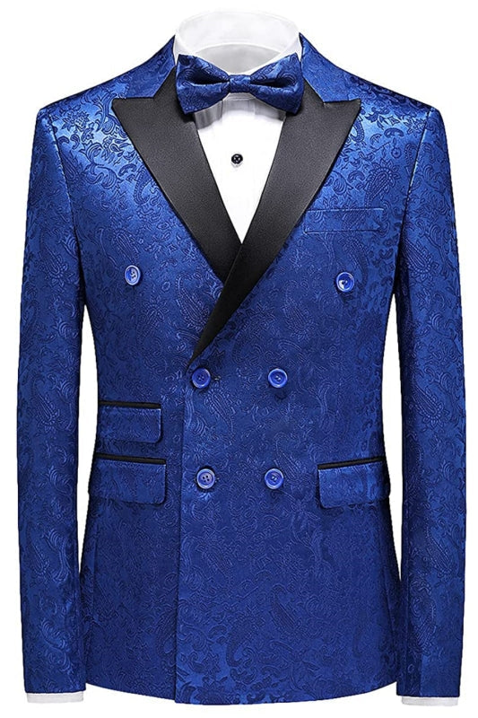 Blue Jacquard Double Breasted Three Pieces Prom Suits Wedding Groom Tuxedos-BMbridal