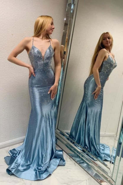 Blue Long Mermaid Evening Dresses with Glitter Criss-cross Straps Prom Dresses-BMbridal.com