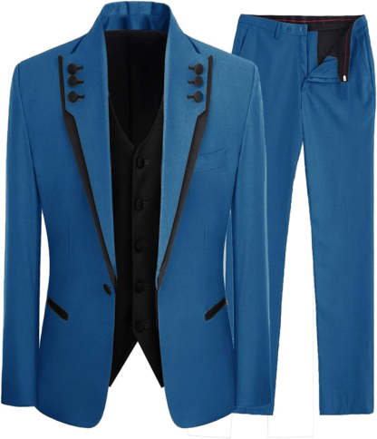 Shawl Lapel Three Pieces Prom Suits Blue Wedding Tuxedos-BMbridal