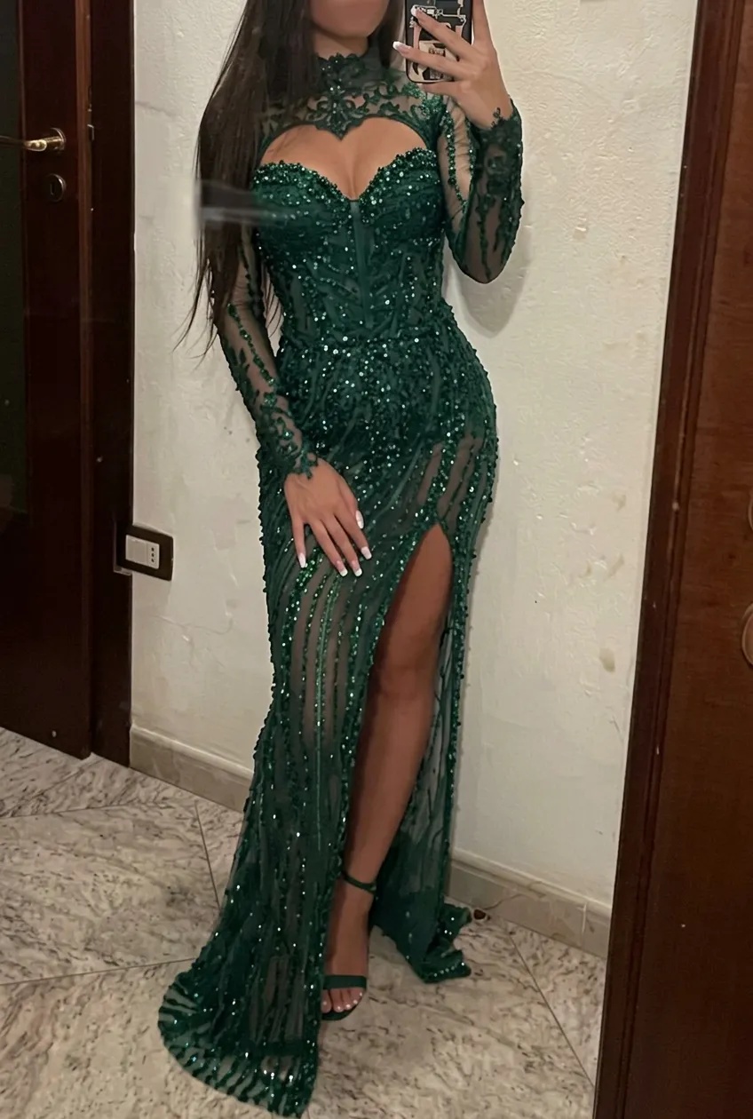 Emerald Green Sequin Lace Mermaid Prom Dress with Long Sleeves