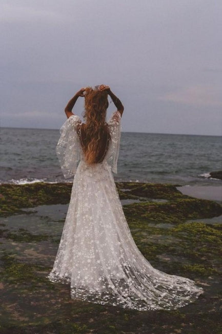Boho A-Line Long Sleeves Backless Wedding Dresses With Lace-BMbridal.com