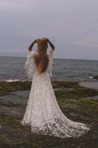 Boho A-Line Long Sleeves Backless Wedding Dresses With Lace-BMbridal.com