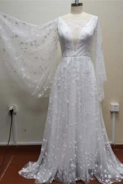 Boho A-Line Long Sleeves Backless Wedding Dresses With Lace-BMbridal.com