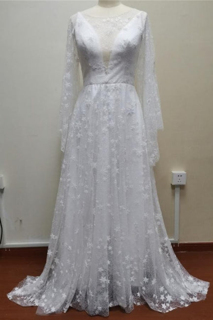 Boho A-Line Long Sleeves Backless Wedding Dresses With Lace-BMbridal.com