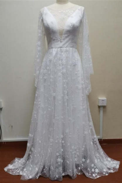 Boho A-Line Long Sleeves Backless Wedding Dresses With Lace-BMbridal.com