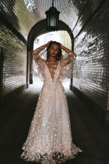 Boho A-Line Long Sleeves Backless Wedding Dresses With Lace-BMbridal.com