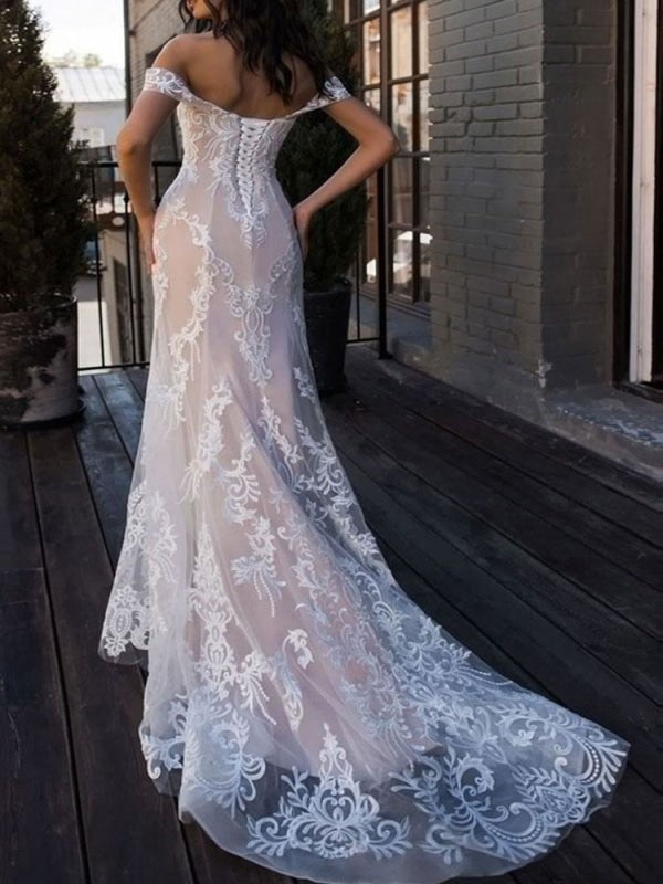 Boho Elegant Wedding Dresses Mermaid Off The Shoulder Customized Lace Short Sleeve Floor Length Bridal Gown With Sweep Train-BMbridal