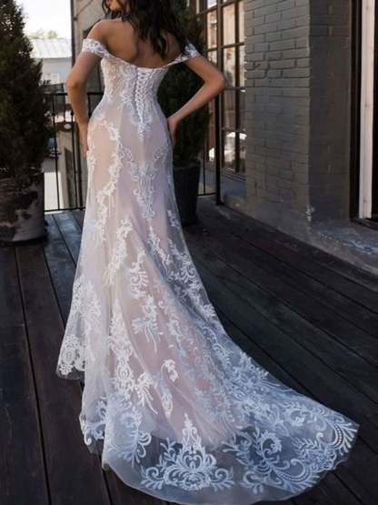 Boho Elegant Wedding Dresses Mermaid Off The Shoulder Customized Lace Short Sleeve Floor Length Bridal Gown With Sweep Train-BMbridal