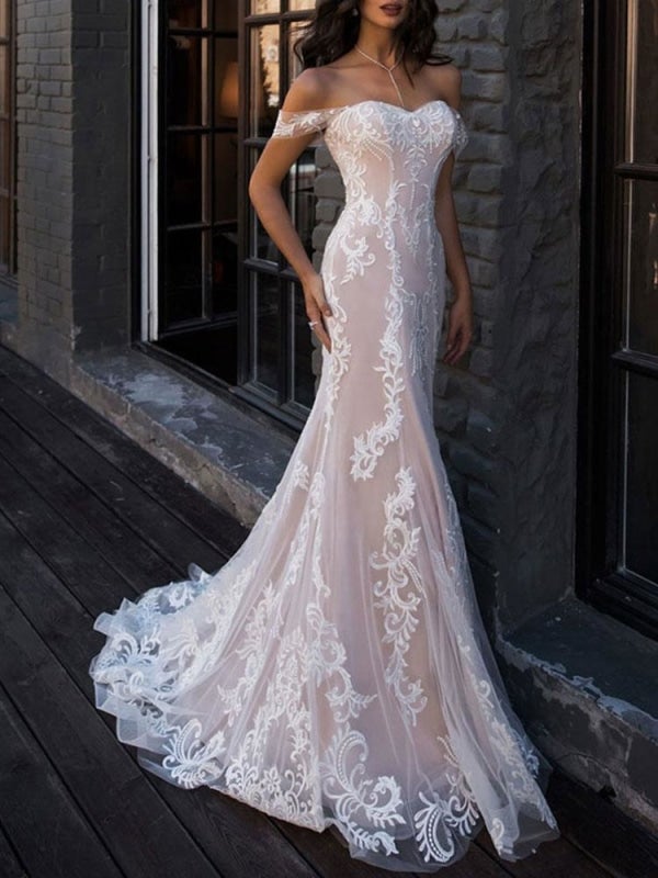 Boho Elegant Wedding Dresses Mermaid Off The Shoulder Customized Lace Short Sleeve Floor Length Bridal Gown With Sweep Train-BMbridal