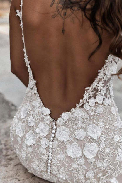 Boho Sleeveless Floral Mermaid Wedding Dress Backless Bridal Gown-BMbridal.com