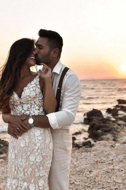Boho Sleeveless Floral Mermaid Wedding Dress Backless Bridal Gown-BMbridal.com